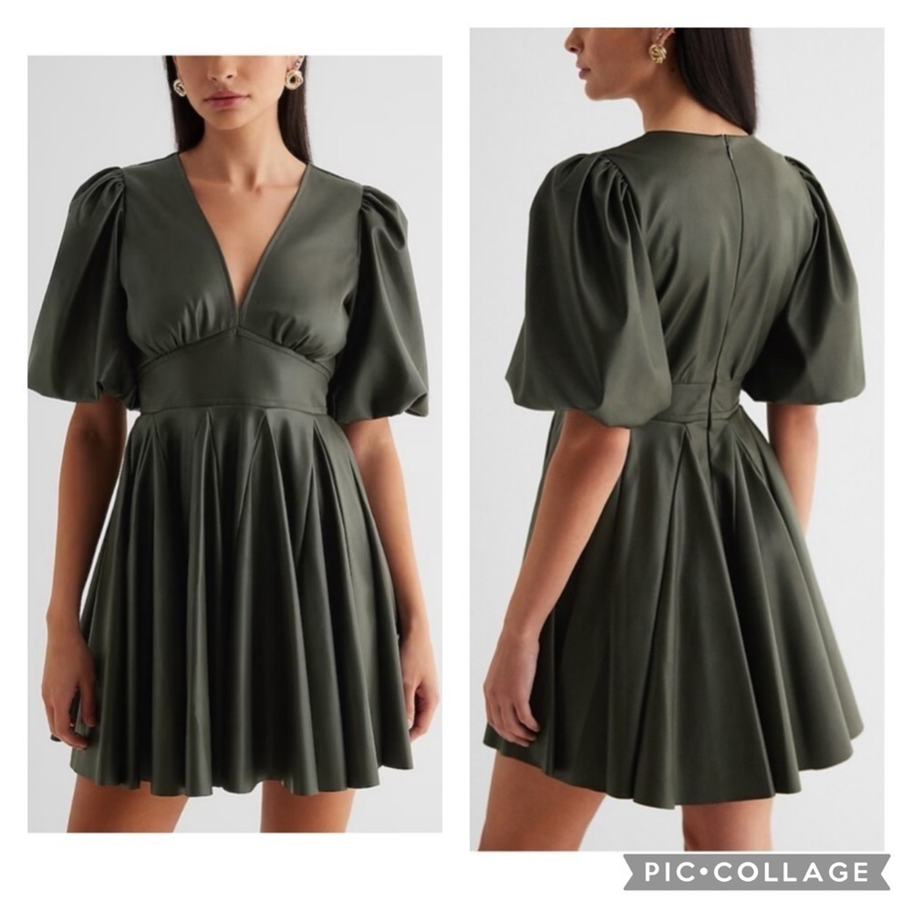 NWT Express Faux Leather V Neck Puff Sleeve Mini Dress size Medium
